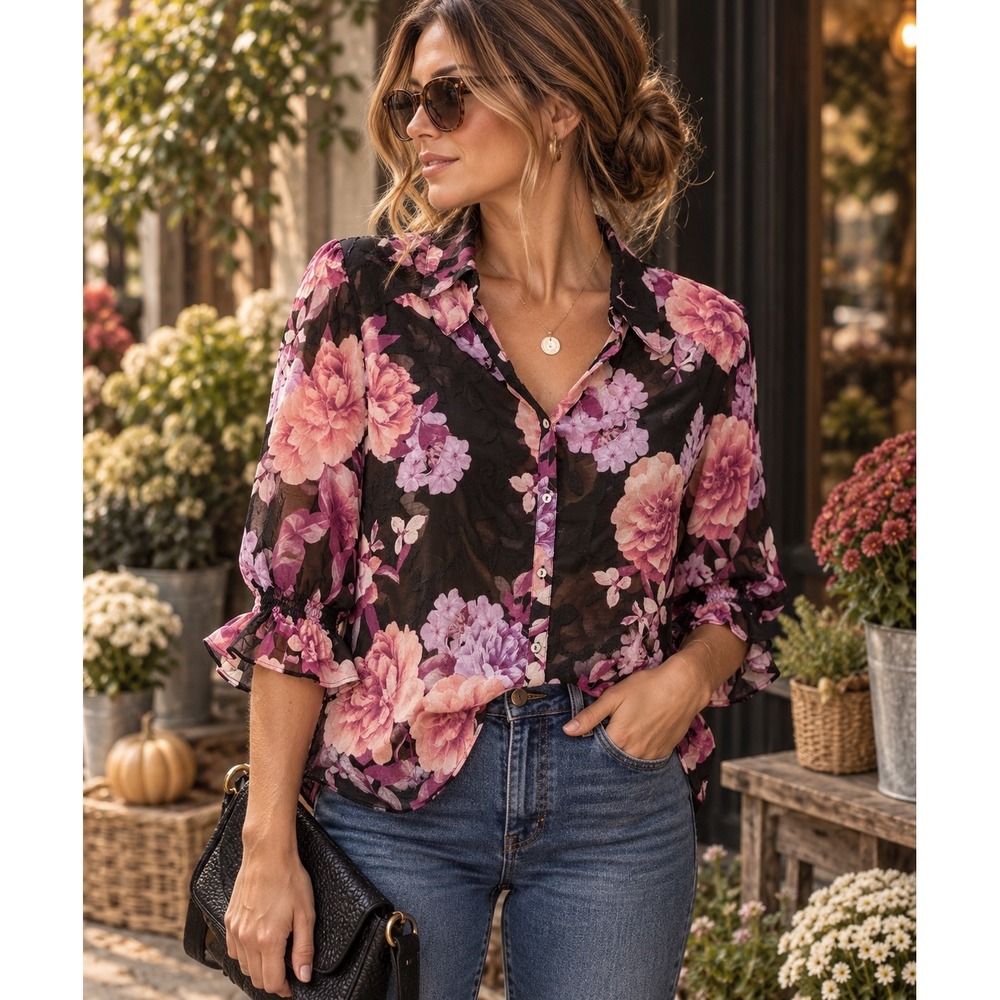 Susan Graver Floral Burnout Sheer Blouse Women's L Black Pink Romantic